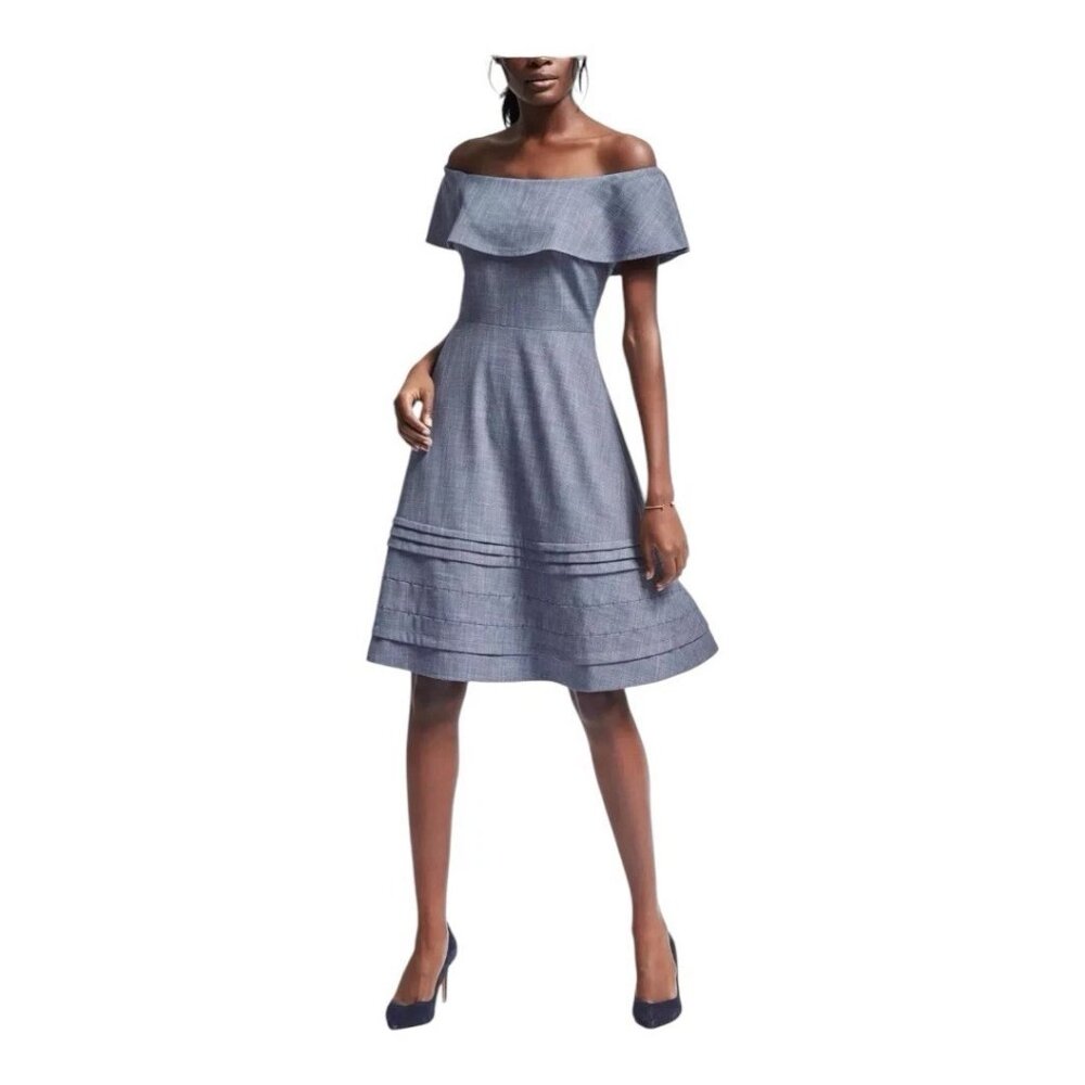 Banana Republic Dress 10 Off Shoulder Sheath Chambray Blue A-Line Ruffle Stretch